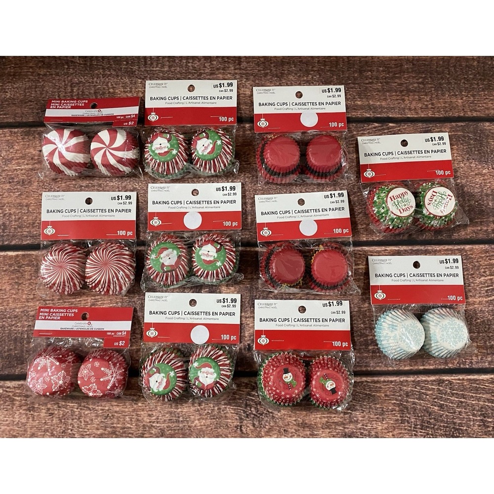 Christmas Mini Paper Cupcake Liners/Baking Cups Mixed Lot of 11 (1100 Ct)